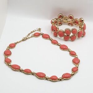 Napier Coral Teardrop Cabochon Necklace Stretch Bracelet Set Modernist Coastal